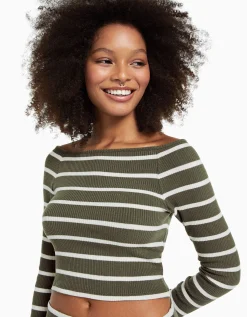 BERSHKA T-shirt manches longues col bateau rayures Bleu Sale
