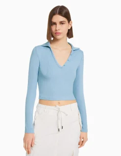 BERSHKA T-shirt manches longues col polo boutons Noir Shop