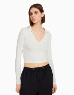 BERSHKA T-shirt manches longues col polo boutons Noir Cheap