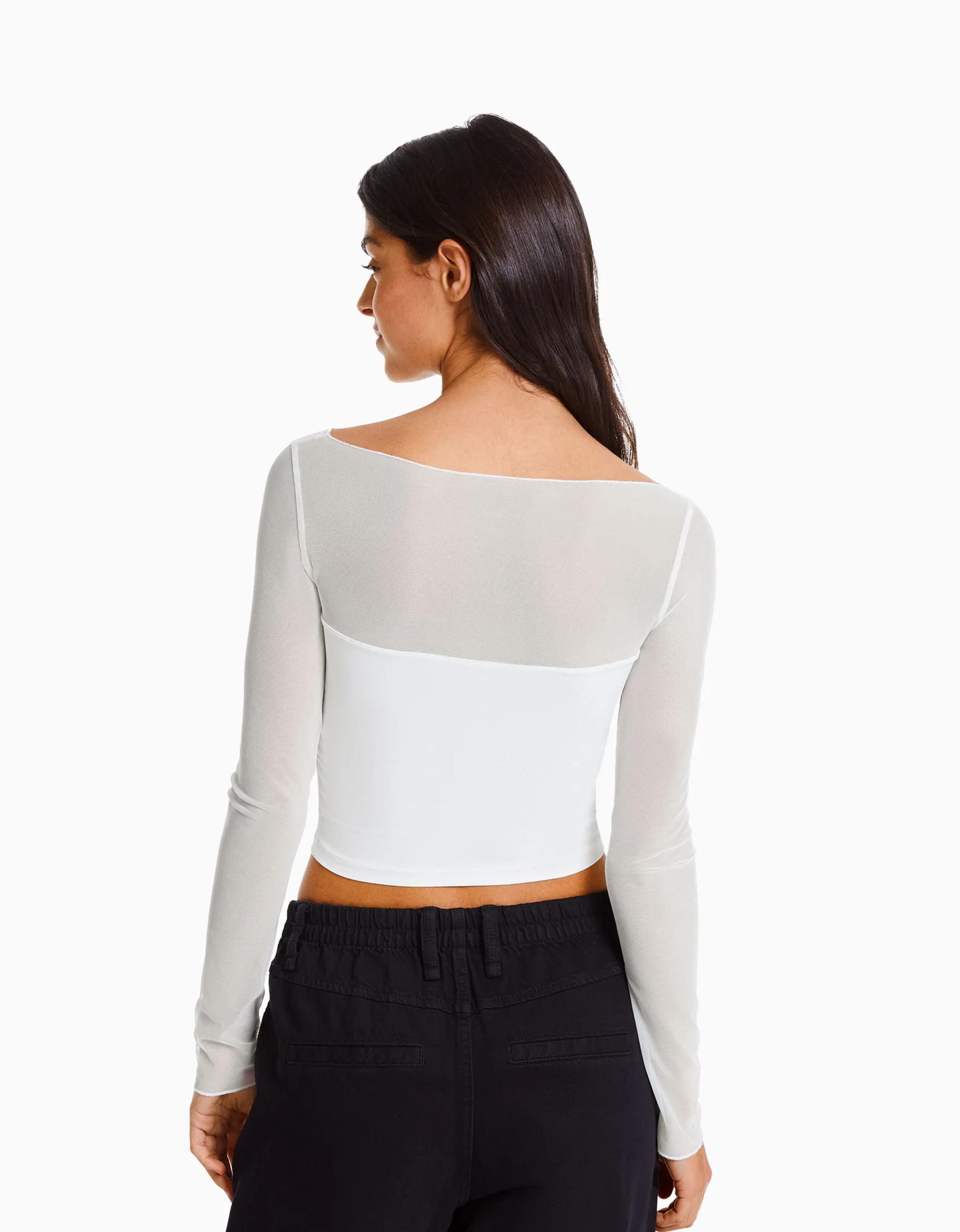 BERSHKA T-shirt manches longues cropped tissu contrastant Blanc Flash Sale