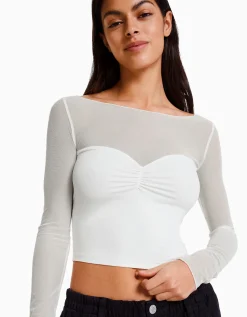 BERSHKA T-shirt manches longues cropped tissu contrastant Blanc Flash Sale