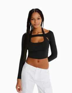 BERSHKA T-shirt manches longues détail encolure Blanc Best