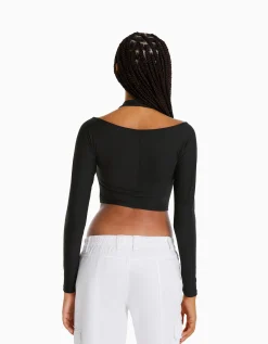 BERSHKA T-shirt manches longues détail encolure Blanc Best