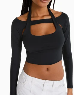 BERSHKA T-shirt manches longues détail encolure Blanc Flash Sale