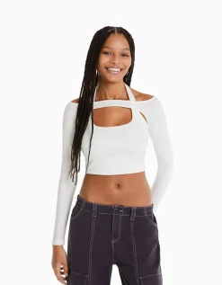 BERSHKA T-shirt manches longues détail encolure Blanc Cheap