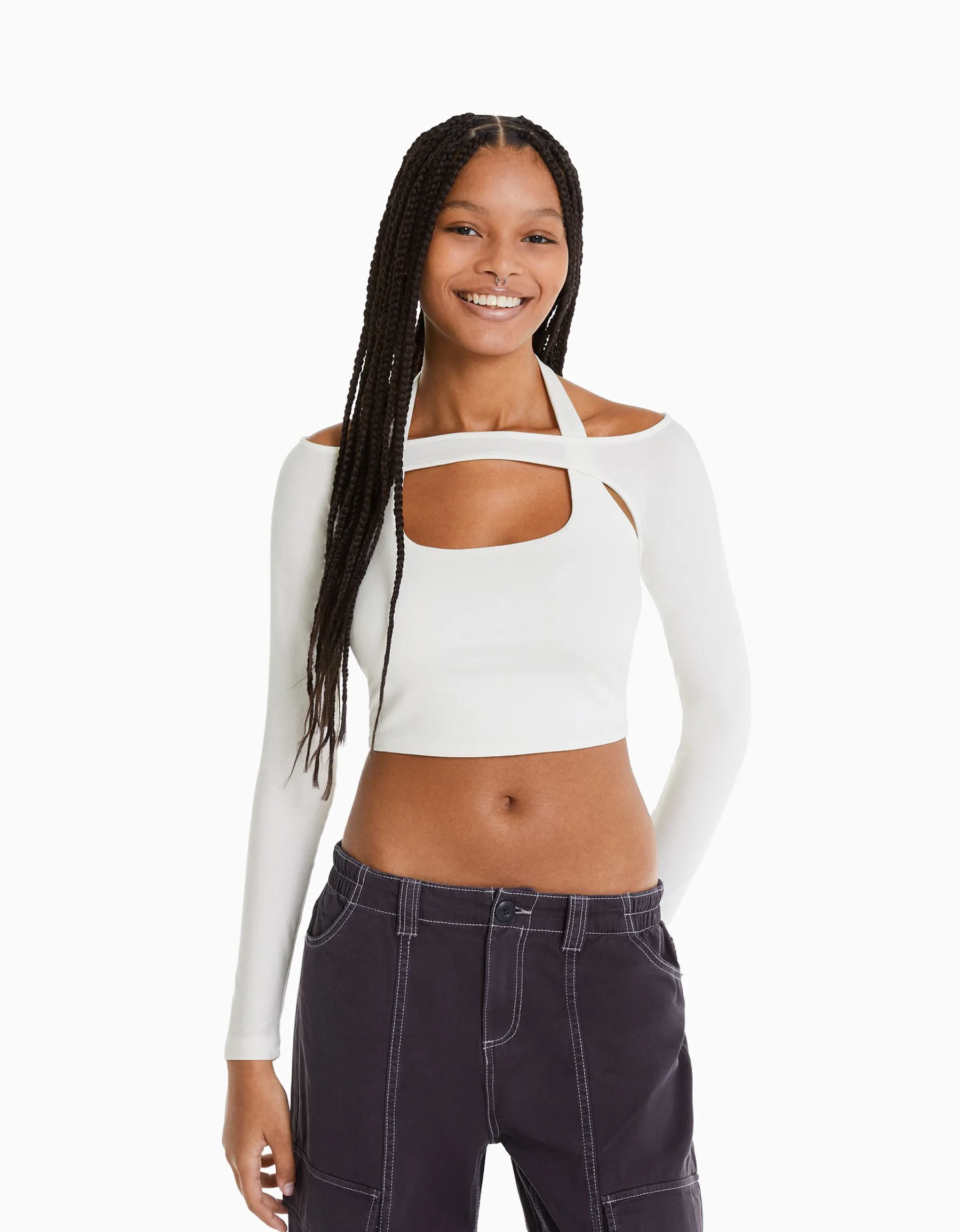 BERSHKA T-shirt manches longues détail encolure Blanc Cheap