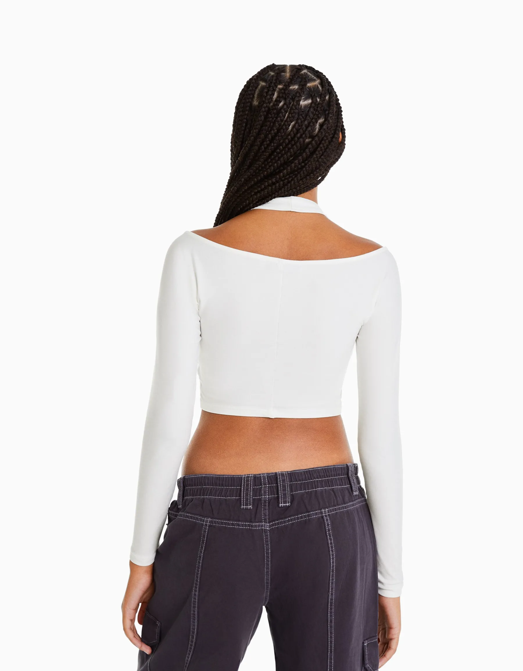 BERSHKA T-shirt manches longues détail encolure Blanc Cheap