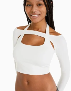 BERSHKA T-shirt manches longues détail encolure Blanc Cheap