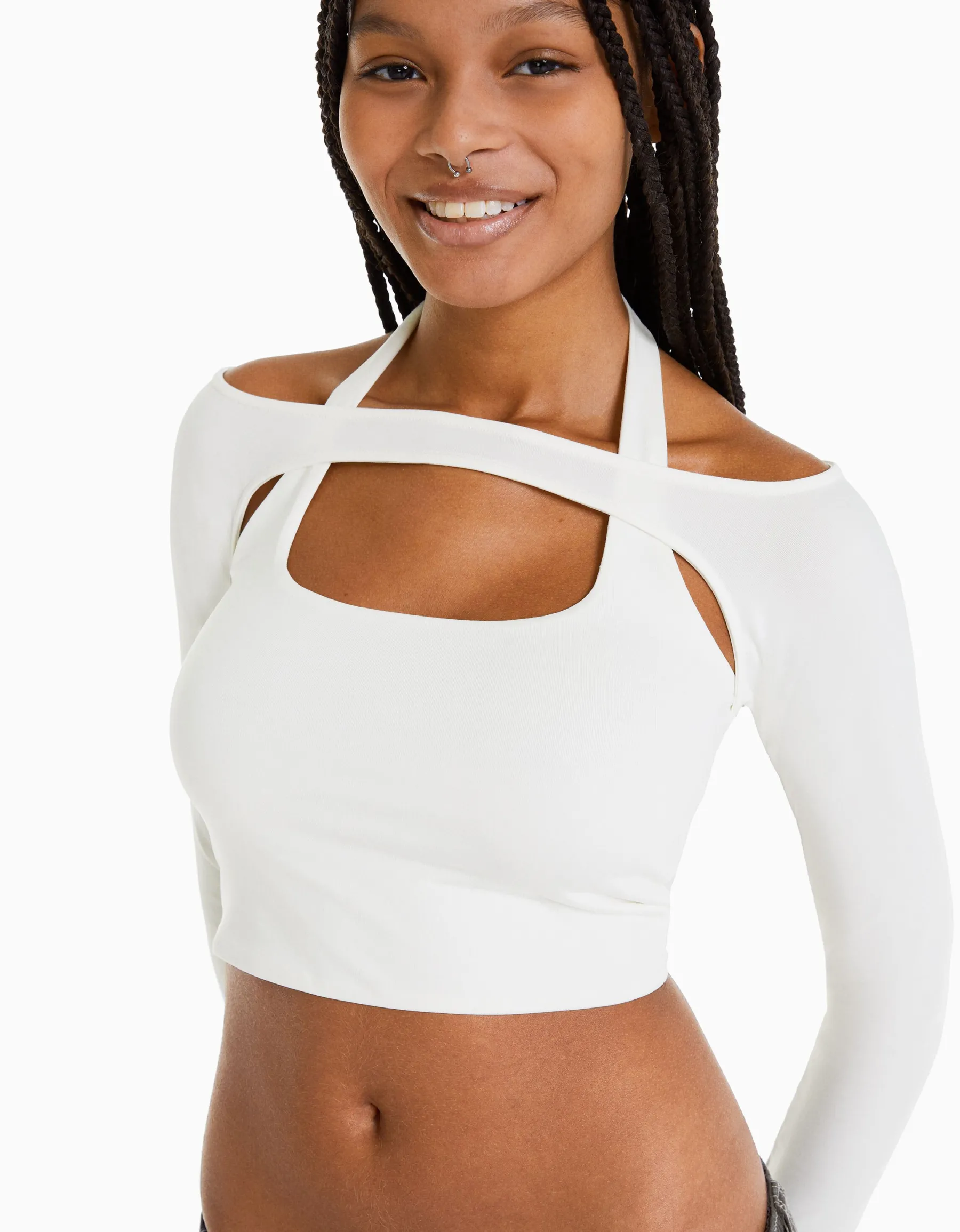 BERSHKA T-shirt manches longues détail encolure Blanc Cheap