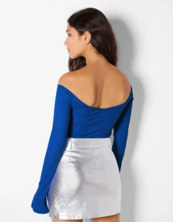 BERSHKA T-shirt manches longues encolure en V Bleu Best Sale