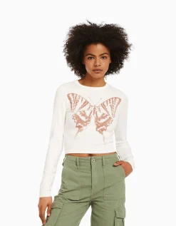 BERSHKA T-shirt manches longues imprimé Rouge Outlet