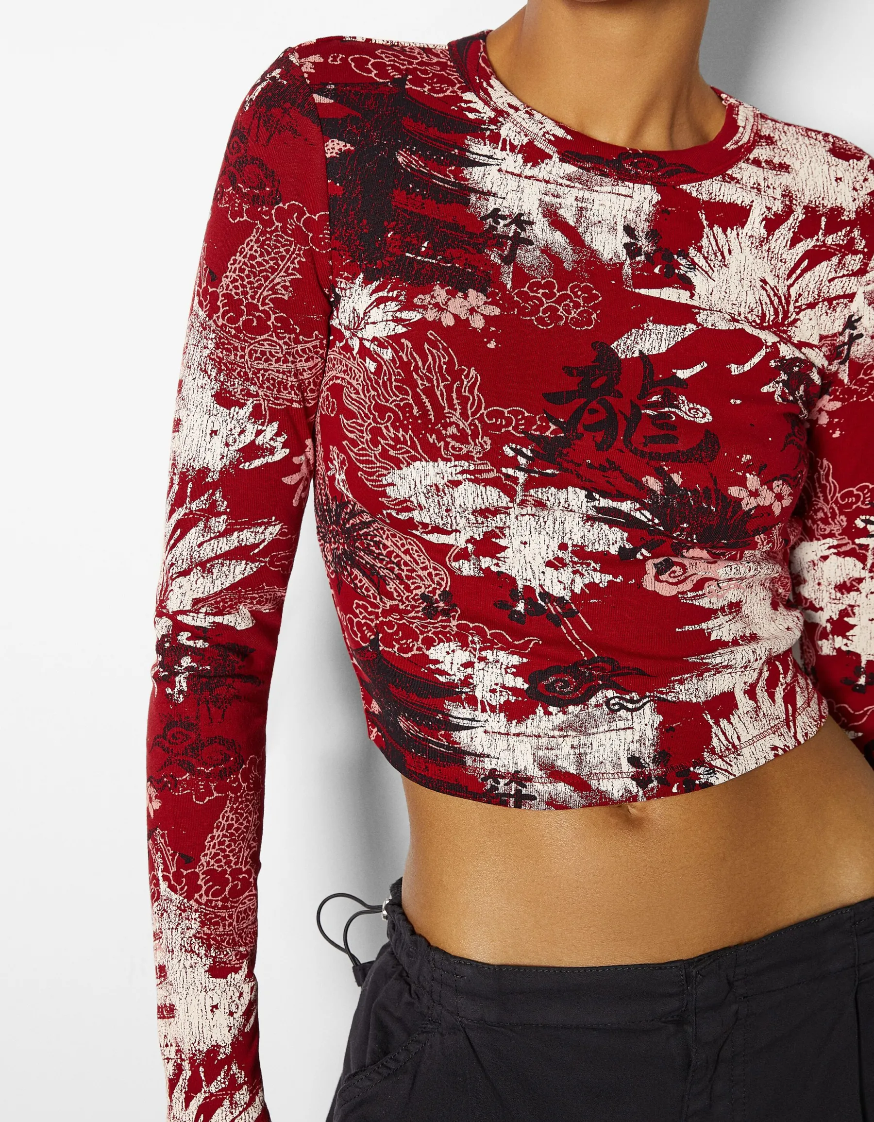 BERSHKA T-shirt manches longues imprimé Rouge Outlet