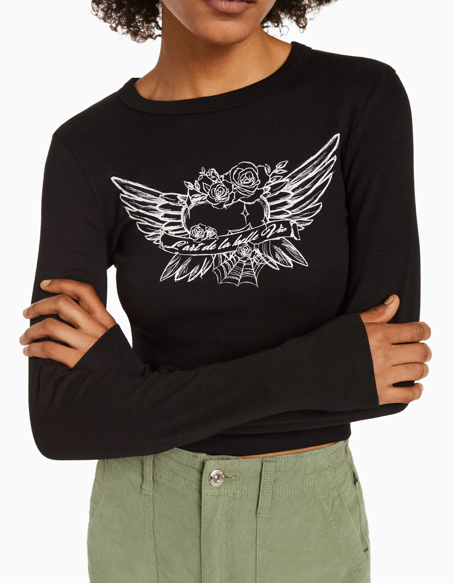 BERSHKA T-shirt manches longues imprimé Rouge Discount
