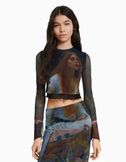 BERSHKA T-shirt manches longues imprimé Art Series Noir Cheap