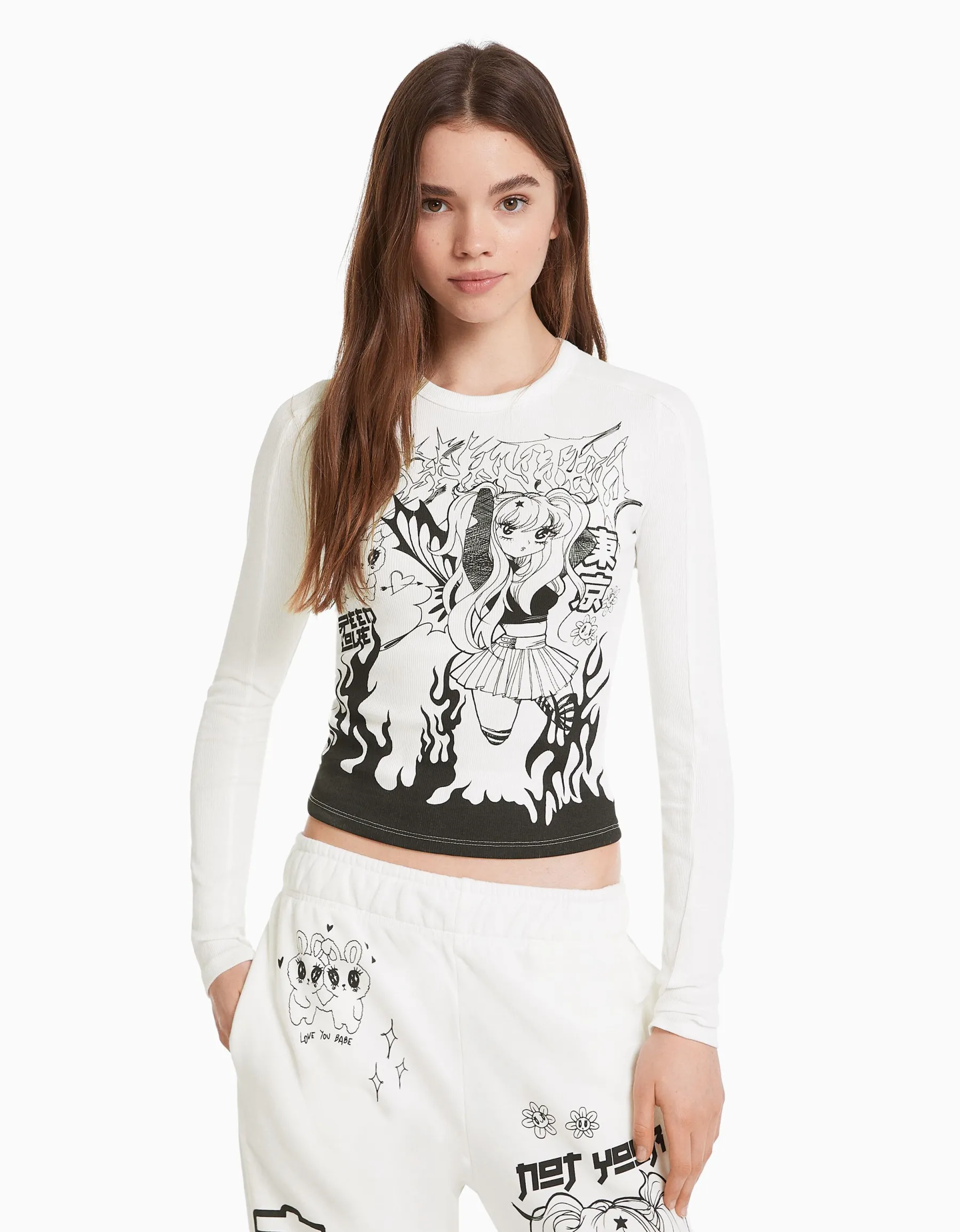 BERSHKA T-shirt manches longues imprimé anime Rose Best Sale