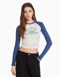 BERSHKA T-shirt manches longues raglan Blanc / Noir Shop