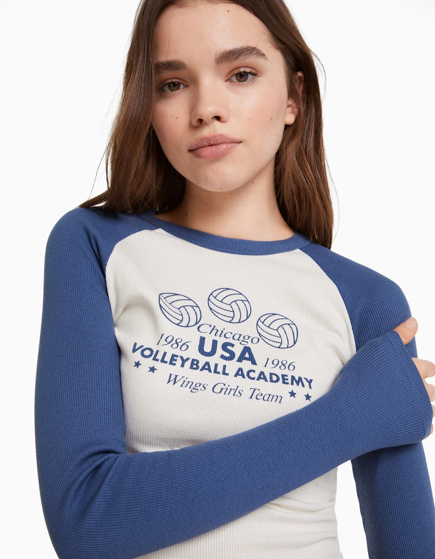 BERSHKA T-shirt manches longues raglan Blanc / Noir Shop