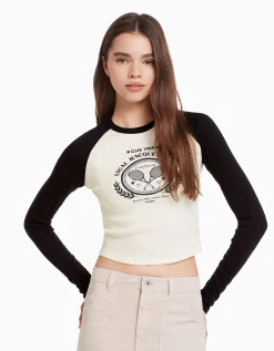 BERSHKA T-shirt manches longues raglan Blanc / Noir Cheap