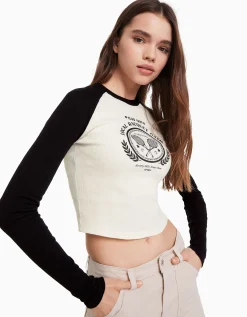 BERSHKA T-shirt manches longues raglan Blanc / Noir Cheap