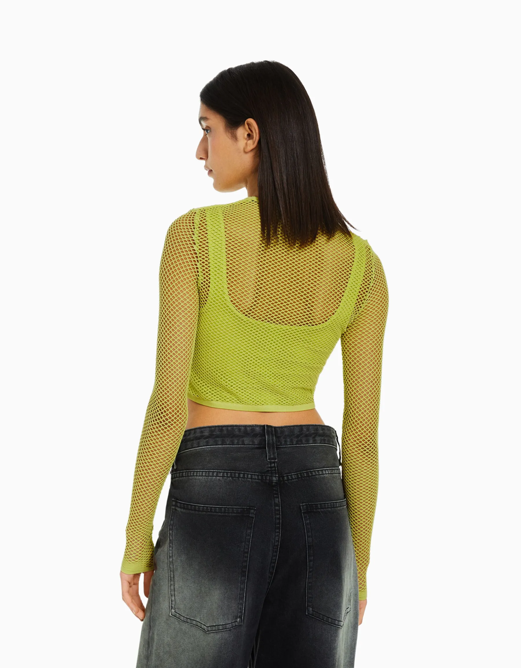 BERSHKA T-shirt manches longues seamless filet Lime Cheap