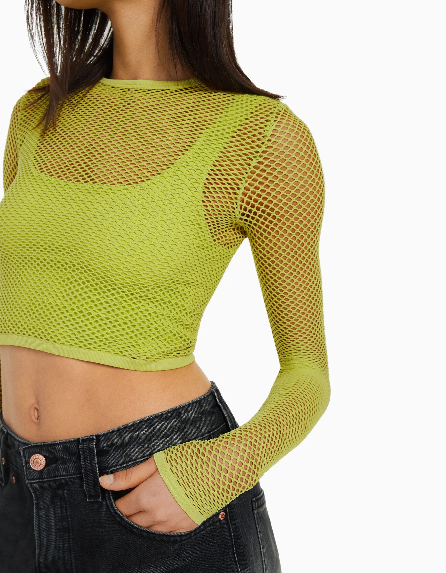 BERSHKA T-shirt manches longues seamless filet Lime Cheap