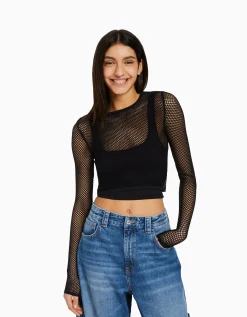 BERSHKA T-shirt manches longues seamless filet Lime Discount
