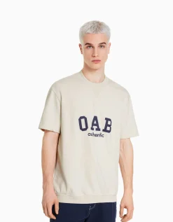 BERSHKA T-shirt molleton imprimé varsity Blanc cassé Cheap