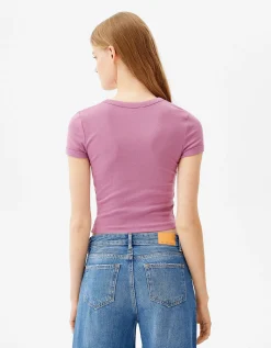 BERSHKA T-shirt moulant manches courtes Violet Hot