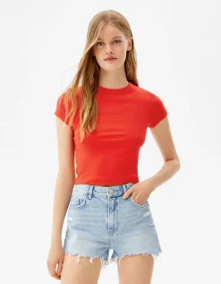 BERSHKA T-shirt moulant manches courtes Rouge Clearance