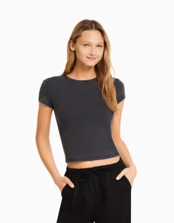 BERSHKA T-shirt moulant manches courtes Noir Shop