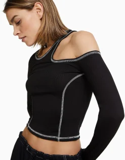 BERSHKA T-shirt moulant manches longues fil contraste Écru Best Sale