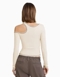 BERSHKA T-shirt moulant manches longues fil contraste Écru Best Sale