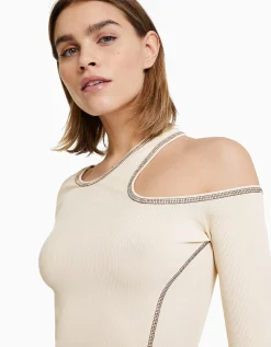 BERSHKA T-shirt moulant manches longues fil contraste Écru Best Sale