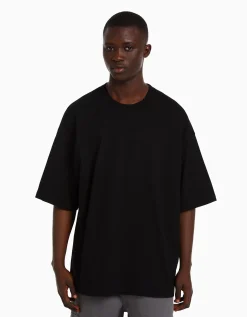 BERSHKA T-shirt oversize à manches courtes Noir Discount