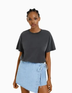BERSHKA T-shirt oversize à manches courtes Noir Cheap