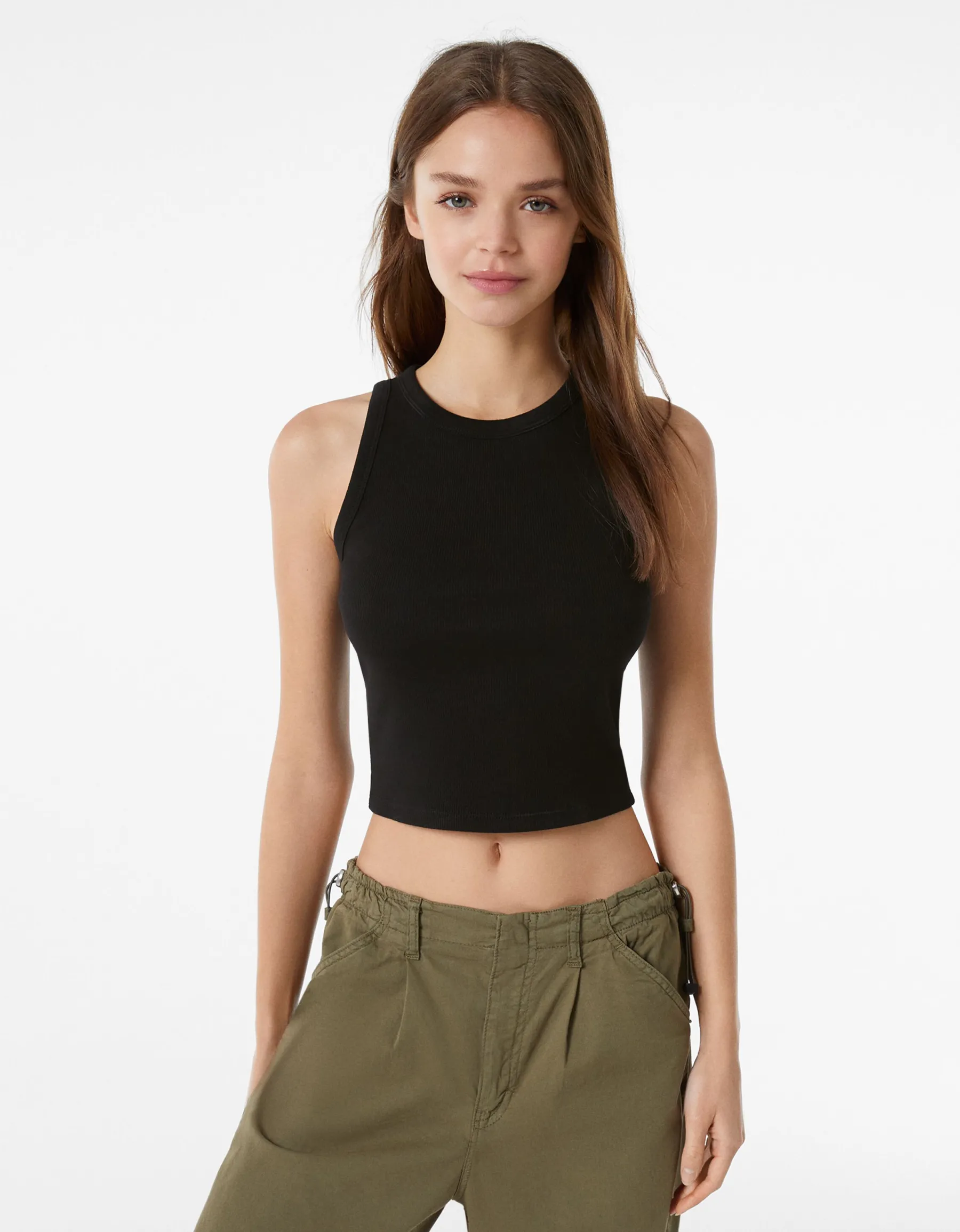 BERSHKA T-shirt sans manches bord-côte Noir Sale