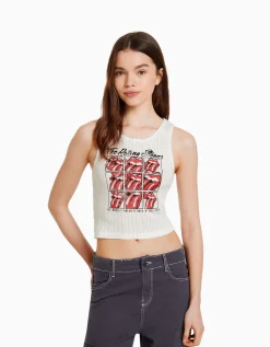 BERSHKA T-shirt sans manches maille pointelle imprimé The Rolling Stones Blanc New