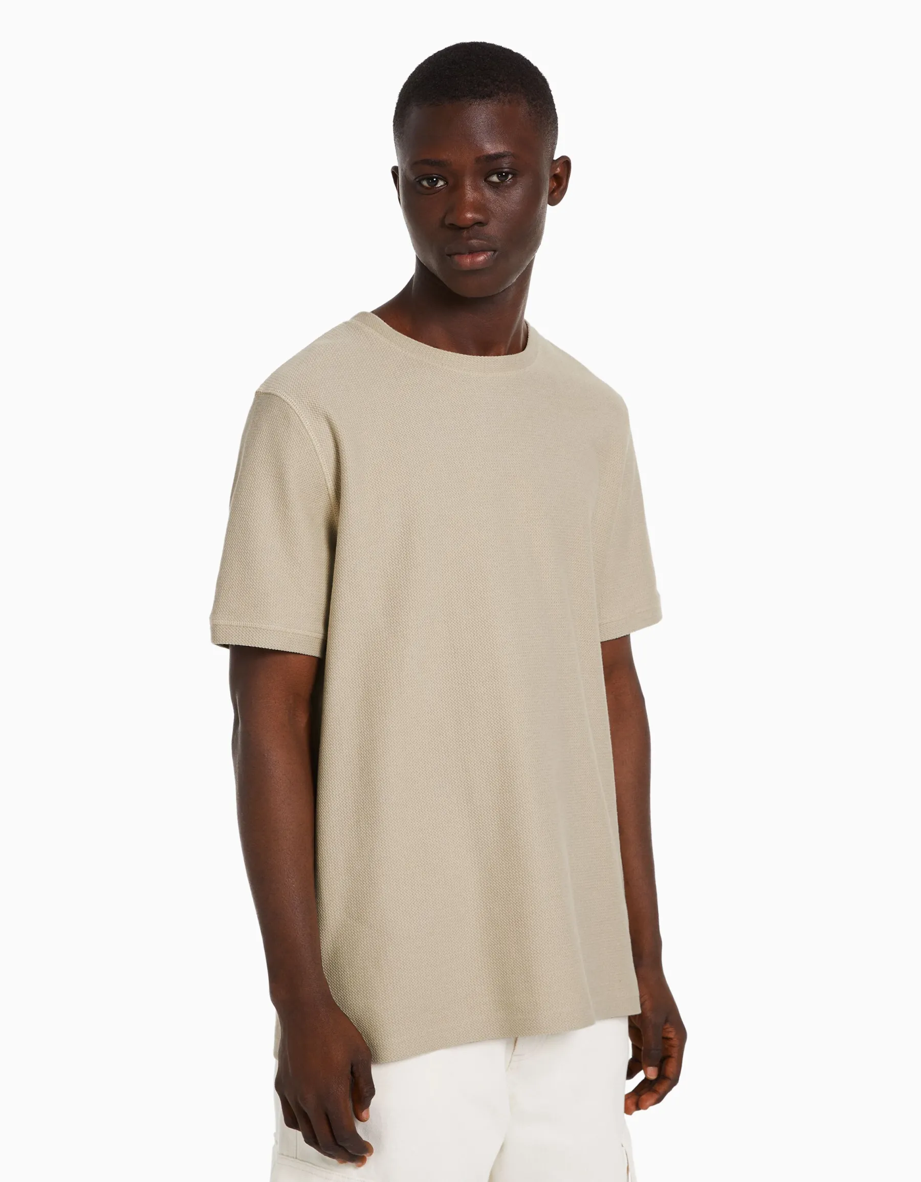 BERSHKA T-shirt texturé à manches courtes Camel Flash Sale