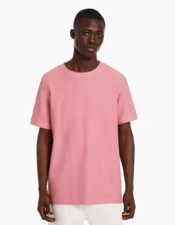 BERSHKA T-shirt texturé à manches courtes Camel Store