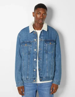 BERSHKA Veste en jean doublure polaire Bleu New