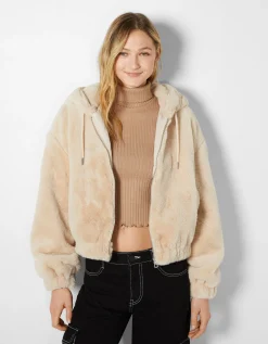 BERSHKA Veste polaire à capuche Écru Best