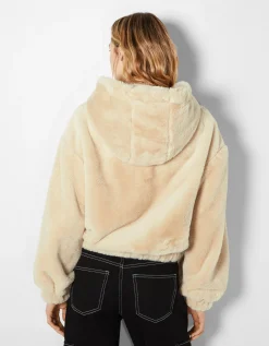 BERSHKA Veste polaire à capuche Écru Best