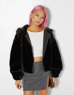 BERSHKA Veste polaire à capuche Écru Best Sale