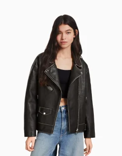 BERSHKA Veste style motard similicuir ceinture Blanc cassé Hot