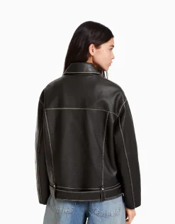 BERSHKA Veste style motard similicuir ceinture Blanc cassé Hot
