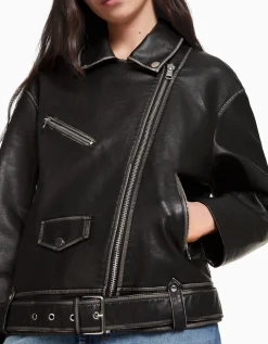 BERSHKA Veste style motard similicuir ceinture Blanc cassé Hot