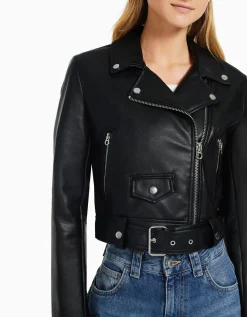 BERSHKA Veste style motard similicuir ceinture Noir Best