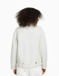 BERSHKA Veste style motard similicuir ceinture Blanc cassé New